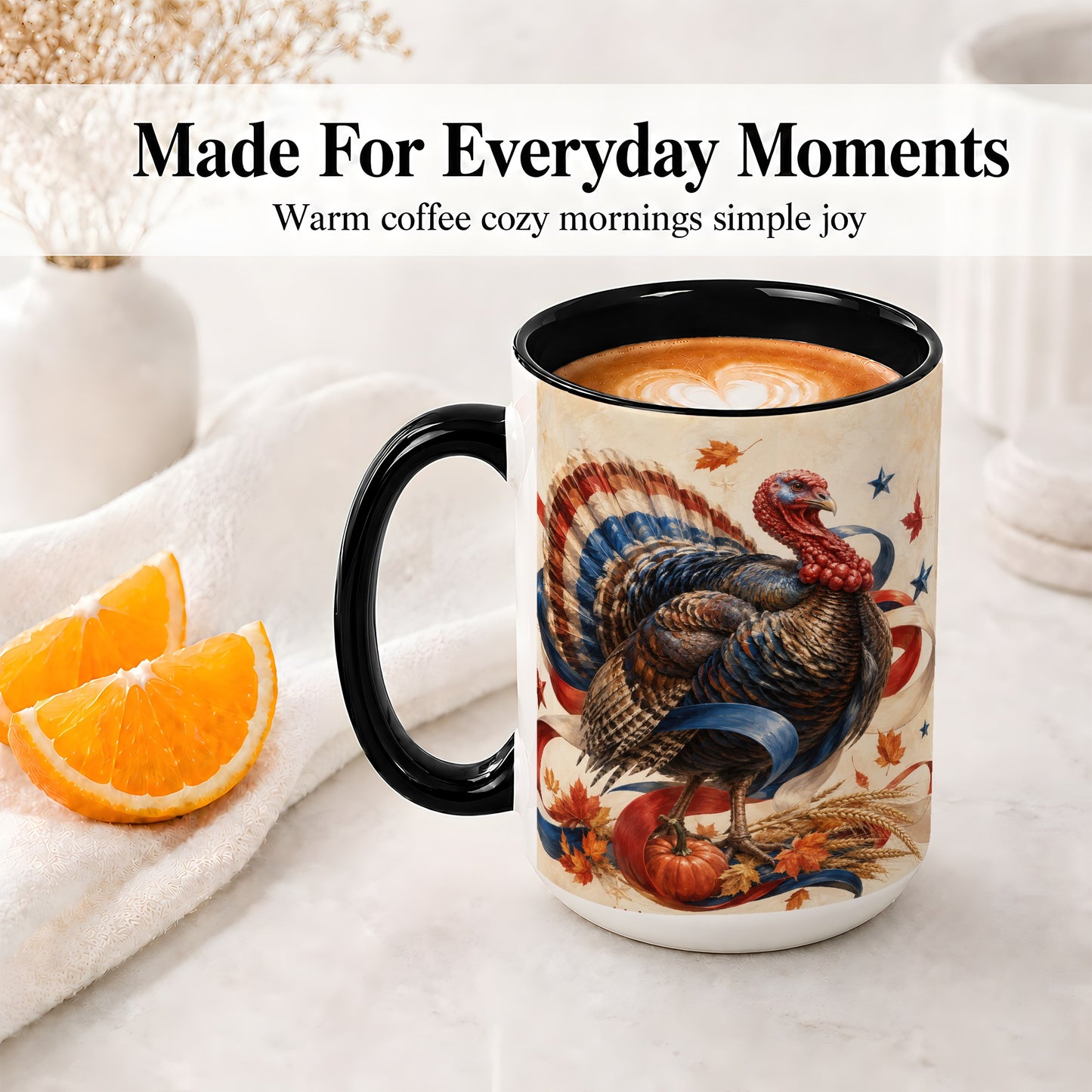 #pl[15oz|Black] Patriotic Thanksgiving Turkey Accent Mug, Mug with Fall Artwork