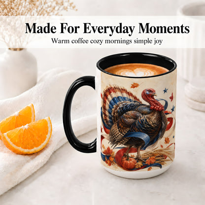 #pl[15oz|Black] Patriotic Thanksgiving Turkey Accent Mug, Mug with Fall Artwork