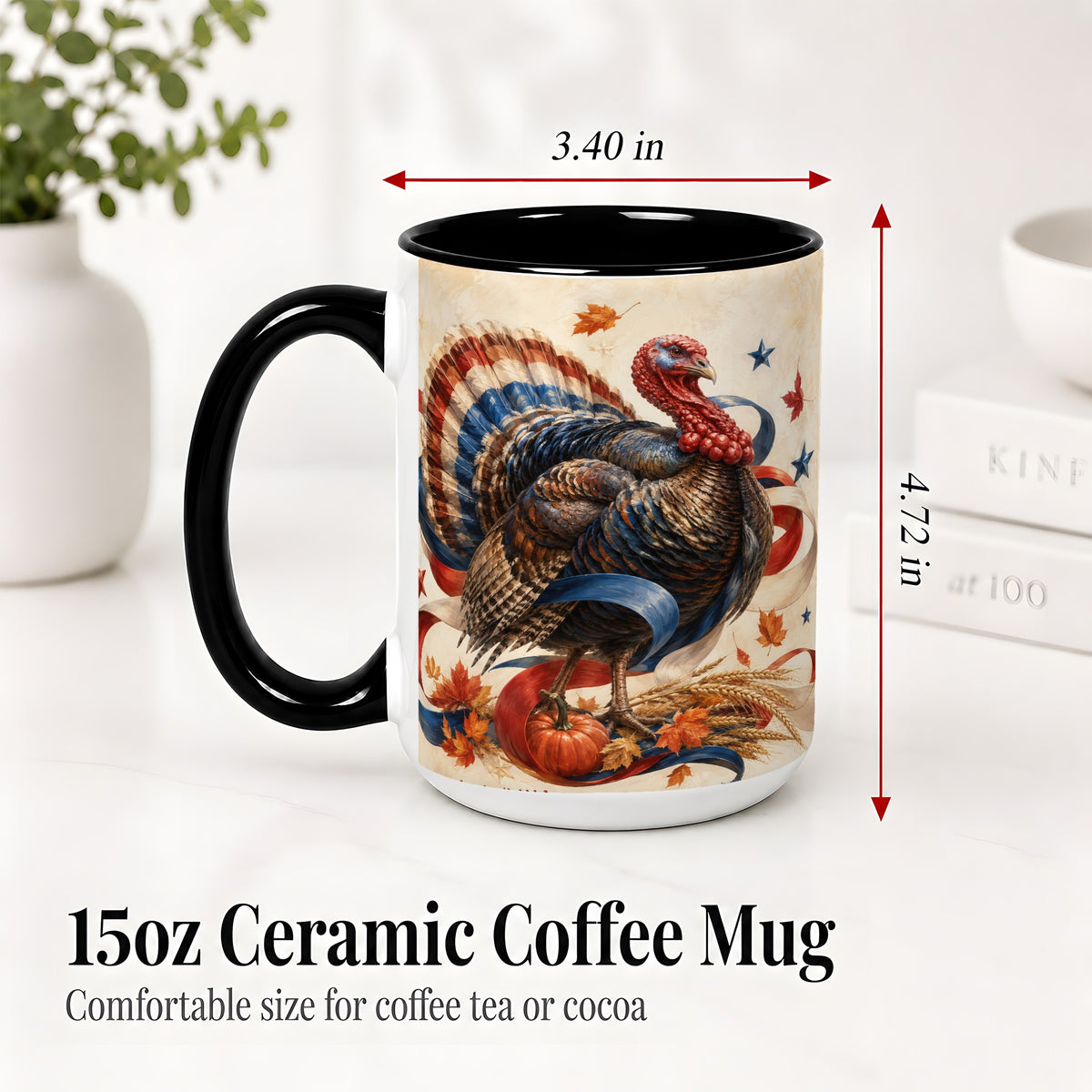#pl[15oz|Black] Patriotic Thanksgiving Turkey Accent Mug, Mug with Fall Artwork