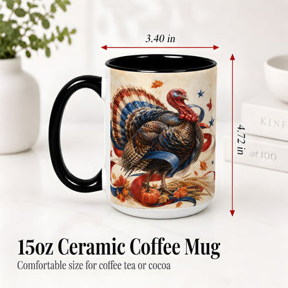#pl[15oz|Black] Patriotic Thanksgiving Turkey Accent Mug, Mug with Fall Artwork