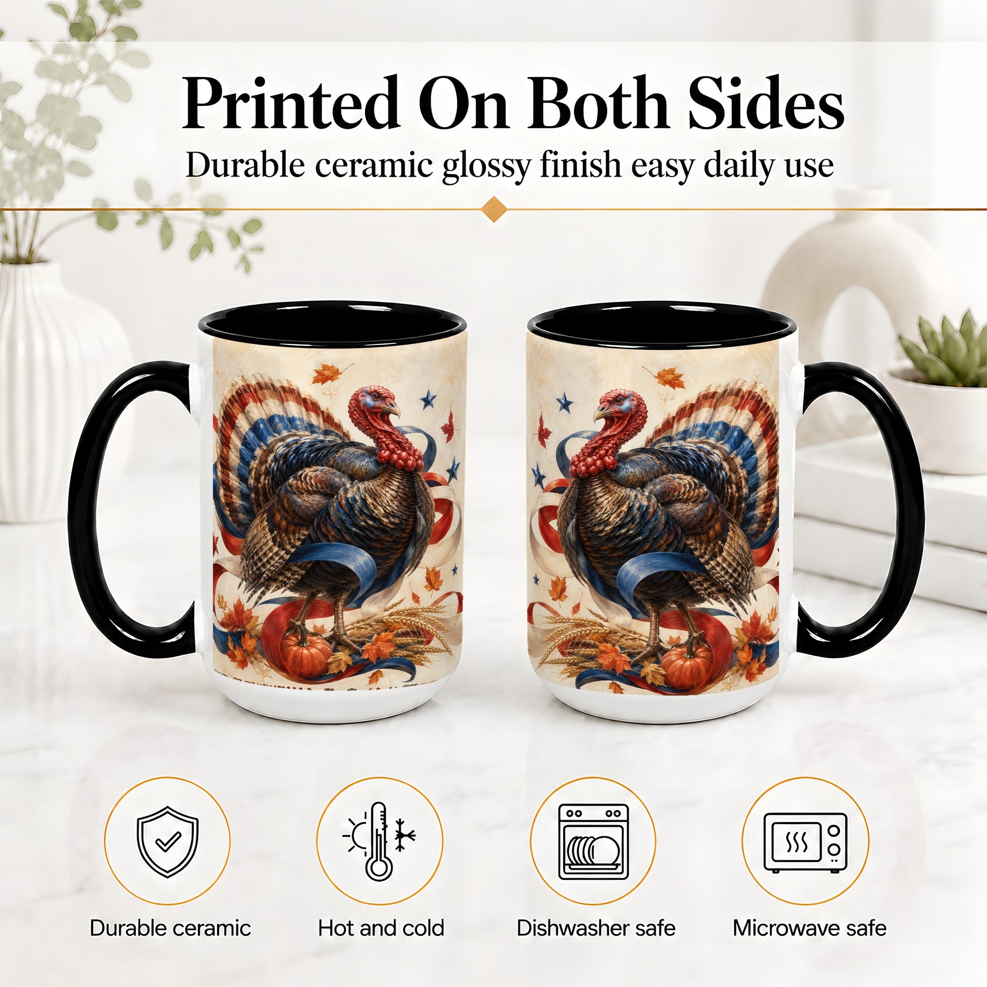#pl[15oz|Black] Patriotic Thanksgiving Turkey Accent Mug, Mug with Fall Artwork