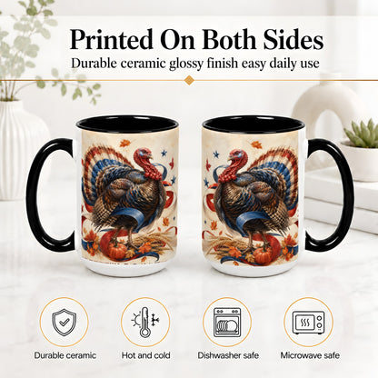 #pl[15oz|Black] Patriotic Thanksgiving Turkey Accent Mug, Mug with Fall Artwork