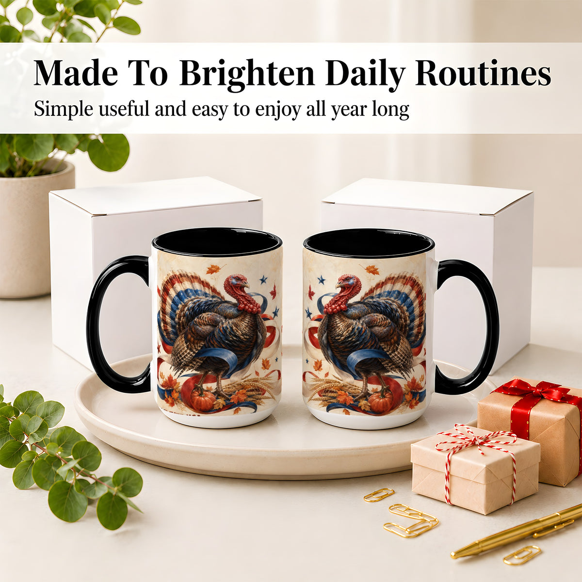 #pl[15oz|Black] Patriotic Thanksgiving Turkey Accent Mug, Mug with Fall Artwork