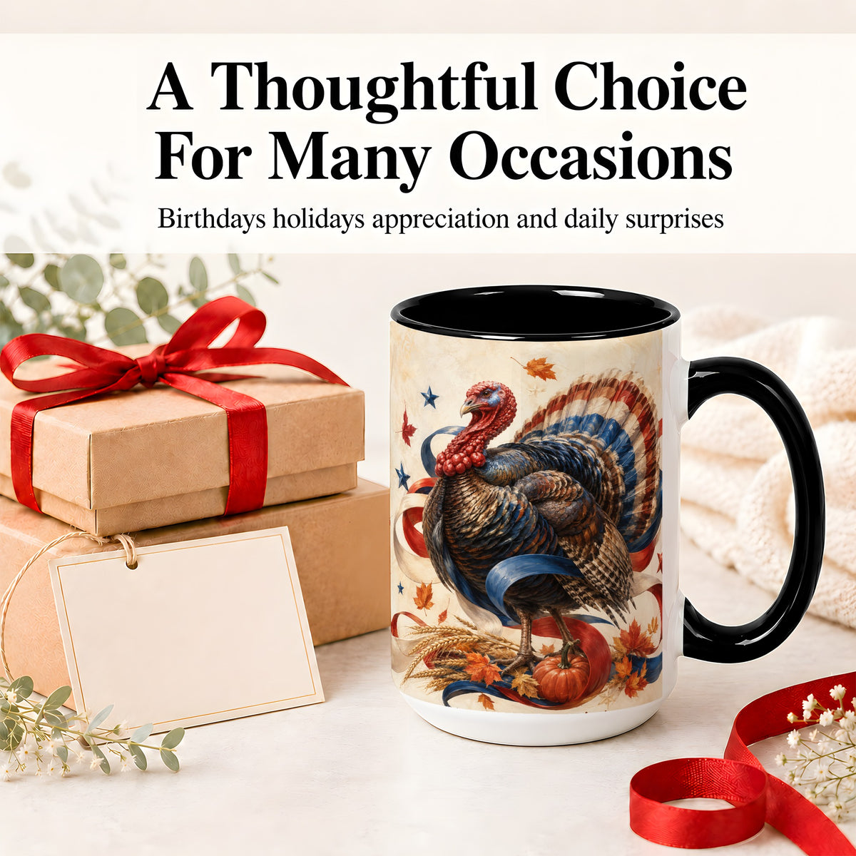 #pl[15oz|Black] Patriotic Thanksgiving Turkey Accent Mug, Mug with Fall Artwork