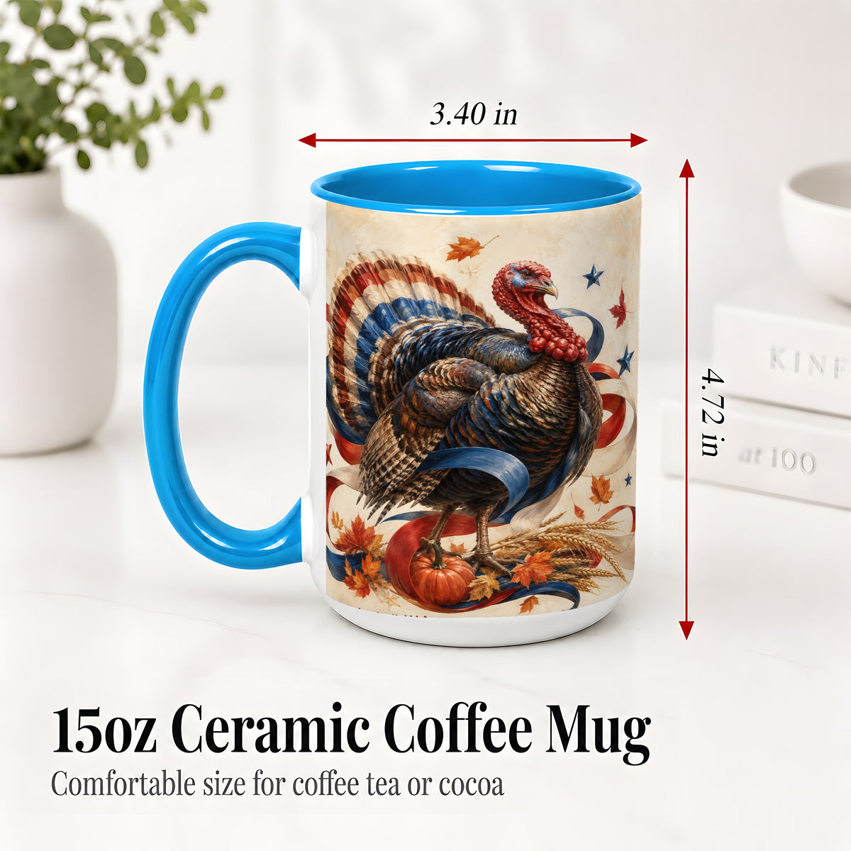 #pl[15oz|Blue] Patriotic Thanksgiving Turkey Accent Mug, Mug with Fall Artwork