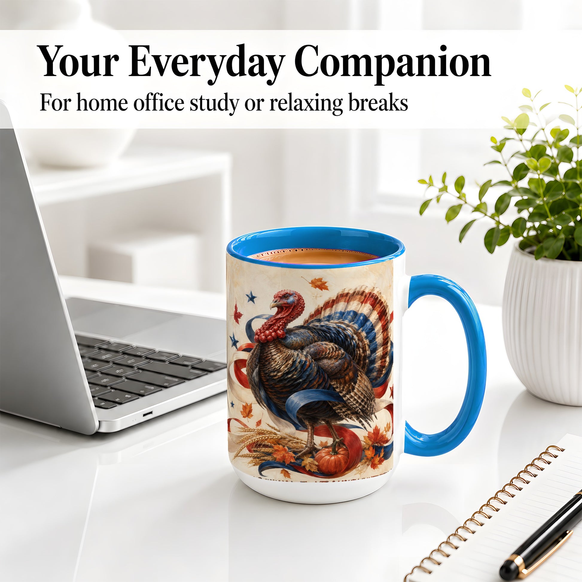#pl[15oz|Blue] Patriotic Thanksgiving Turkey Accent Mug, Mug with Fall Artwork