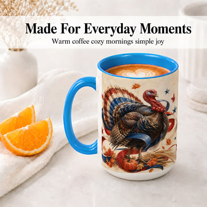 #pl[15oz|Blue] Patriotic Thanksgiving Turkey Accent Mug, Mug with Fall Artwork