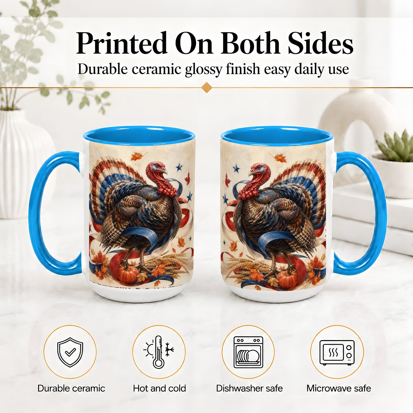 #pl[15oz|Blue] Patriotic Thanksgiving Turkey Accent Mug, Mug with Fall Artwork
