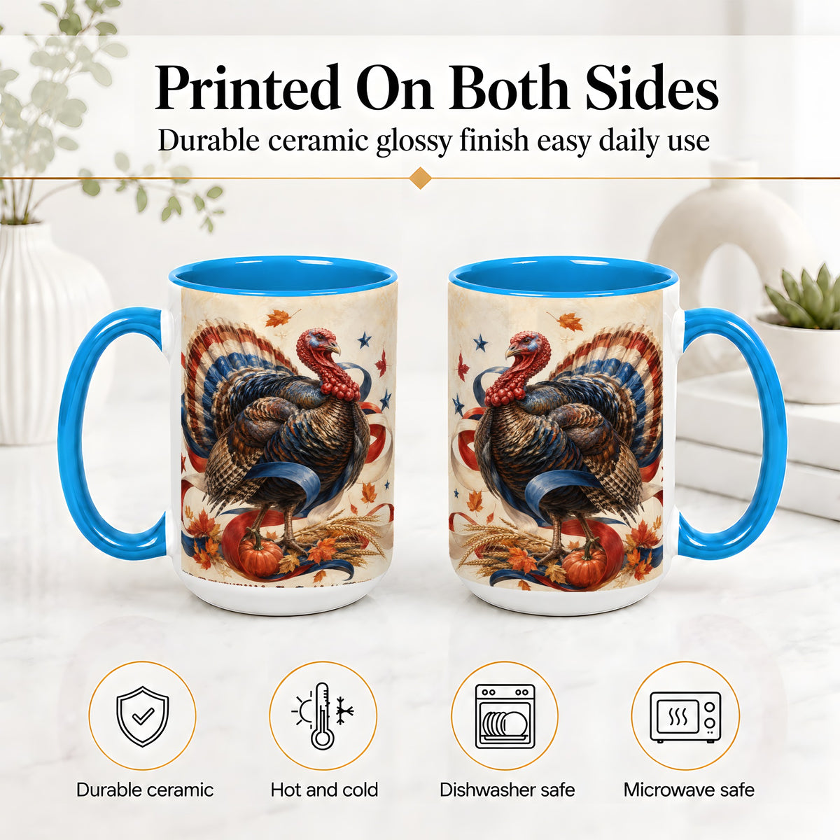 #pl[15oz|Blue] Patriotic Thanksgiving Turkey Accent Mug, Mug with Fall Artwork