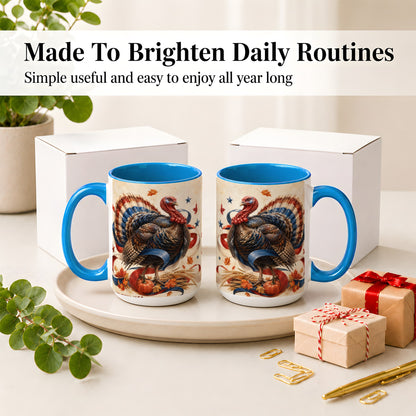 #pl[15oz|Blue] Patriotic Thanksgiving Turkey Accent Mug, Mug with Fall Artwork