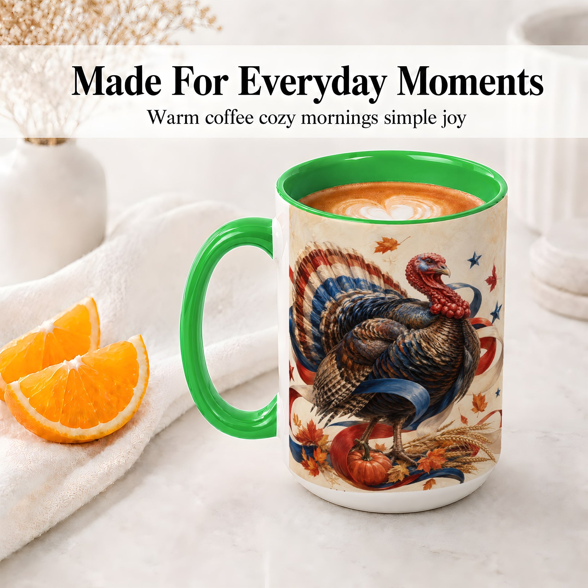#pl[15oz|Green] Patriotic Thanksgiving Turkey Accent Mug, Mug with Fall Artwork