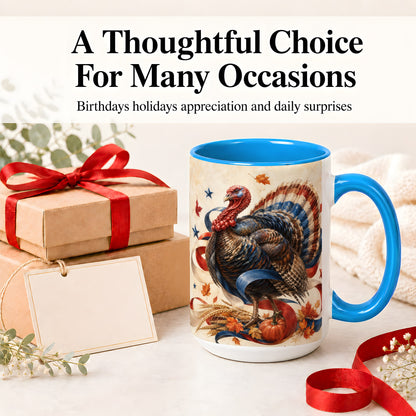 #pl[15oz|Blue] Patriotic Thanksgiving Turkey Accent Mug, Mug with Fall Artwork