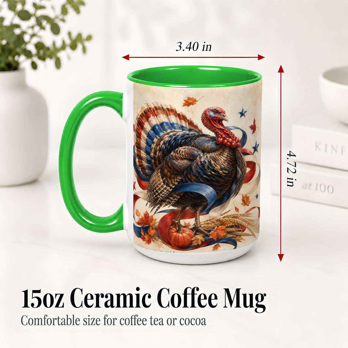 #pl[15oz|Green] Patriotic Thanksgiving Turkey Accent Mug, Mug with Fall Artwork