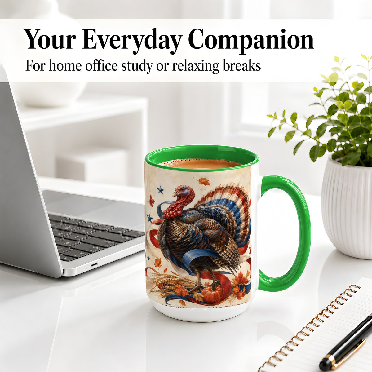 #pl[15oz|Green] Patriotic Thanksgiving Turkey Accent Mug, Mug with Fall Artwork