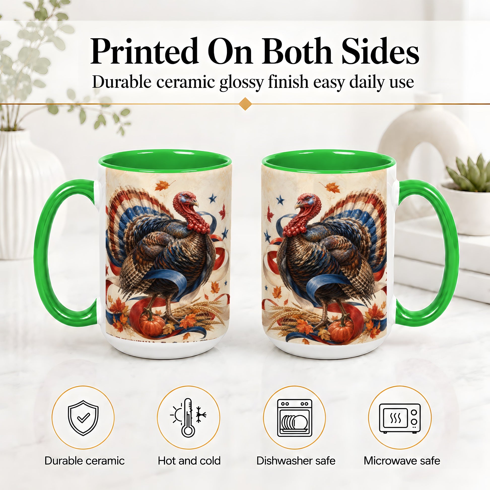 #pl[15oz|Green] Patriotic Thanksgiving Turkey Accent Mug, Mug with Fall Artwork