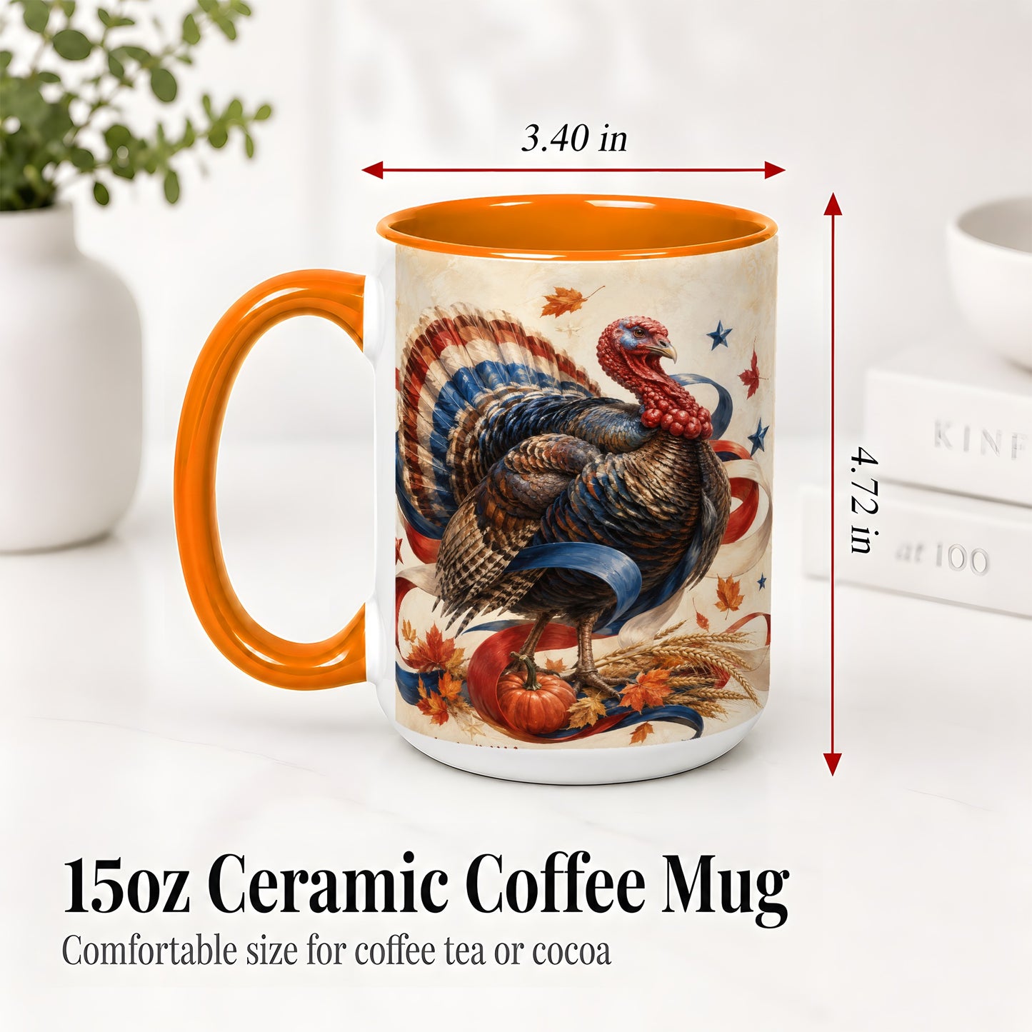#pl[15oz|Orange] Patriotic Thanksgiving Turkey Accent Mug, Mug with Fall Artwork