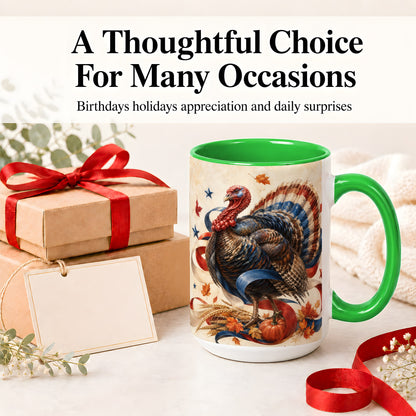 #pl[15oz|Green] Patriotic Thanksgiving Turkey Accent Mug, Mug with Fall Artwork