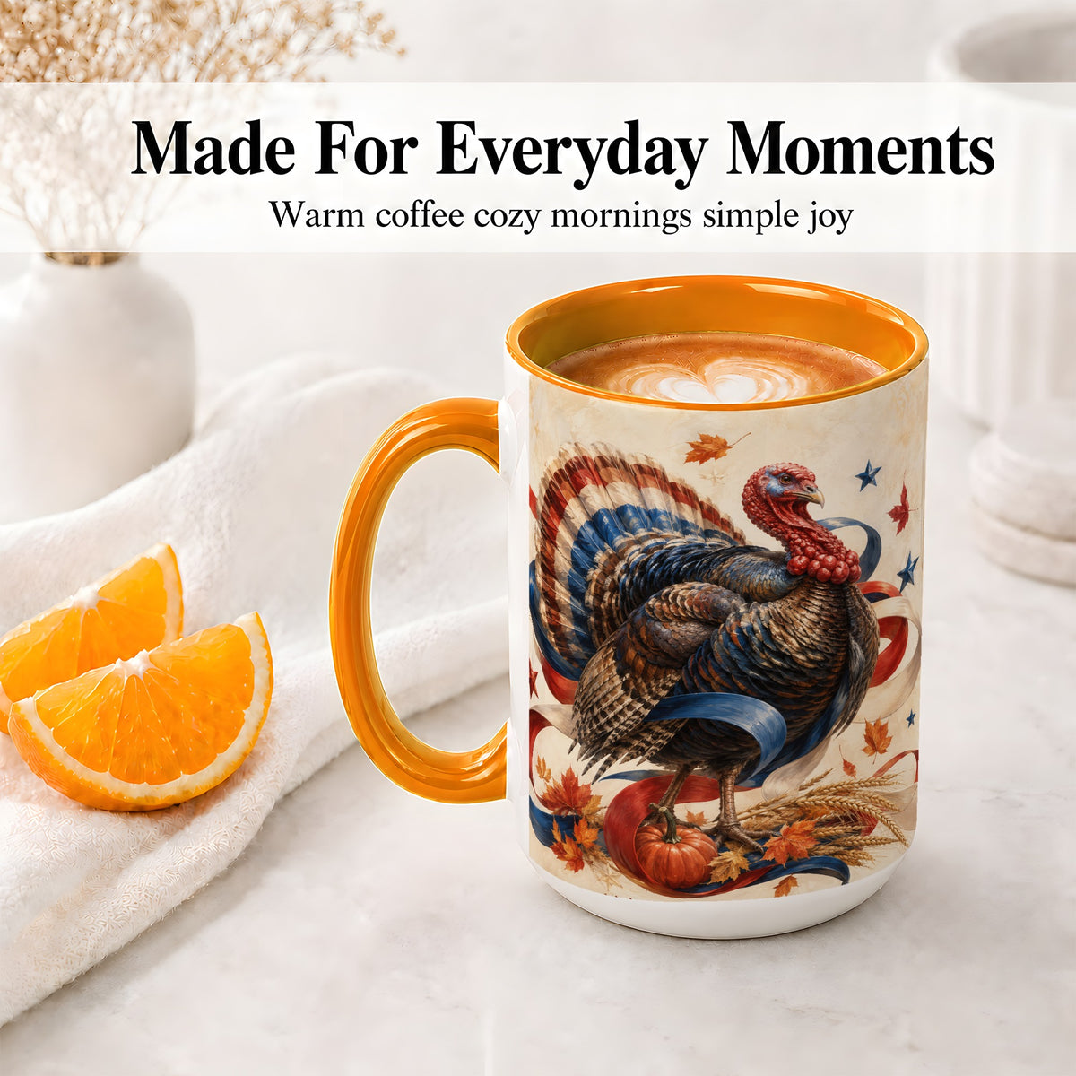 #pl[15oz|Orange] Patriotic Thanksgiving Turkey Accent Mug, Mug with Fall Artwork
