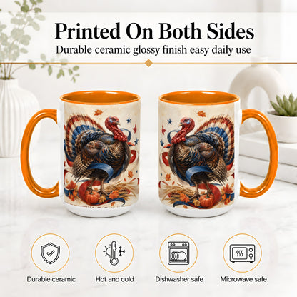 #pl[15oz|Orange] Patriotic Thanksgiving Turkey Accent Mug, Mug with Fall Artwork