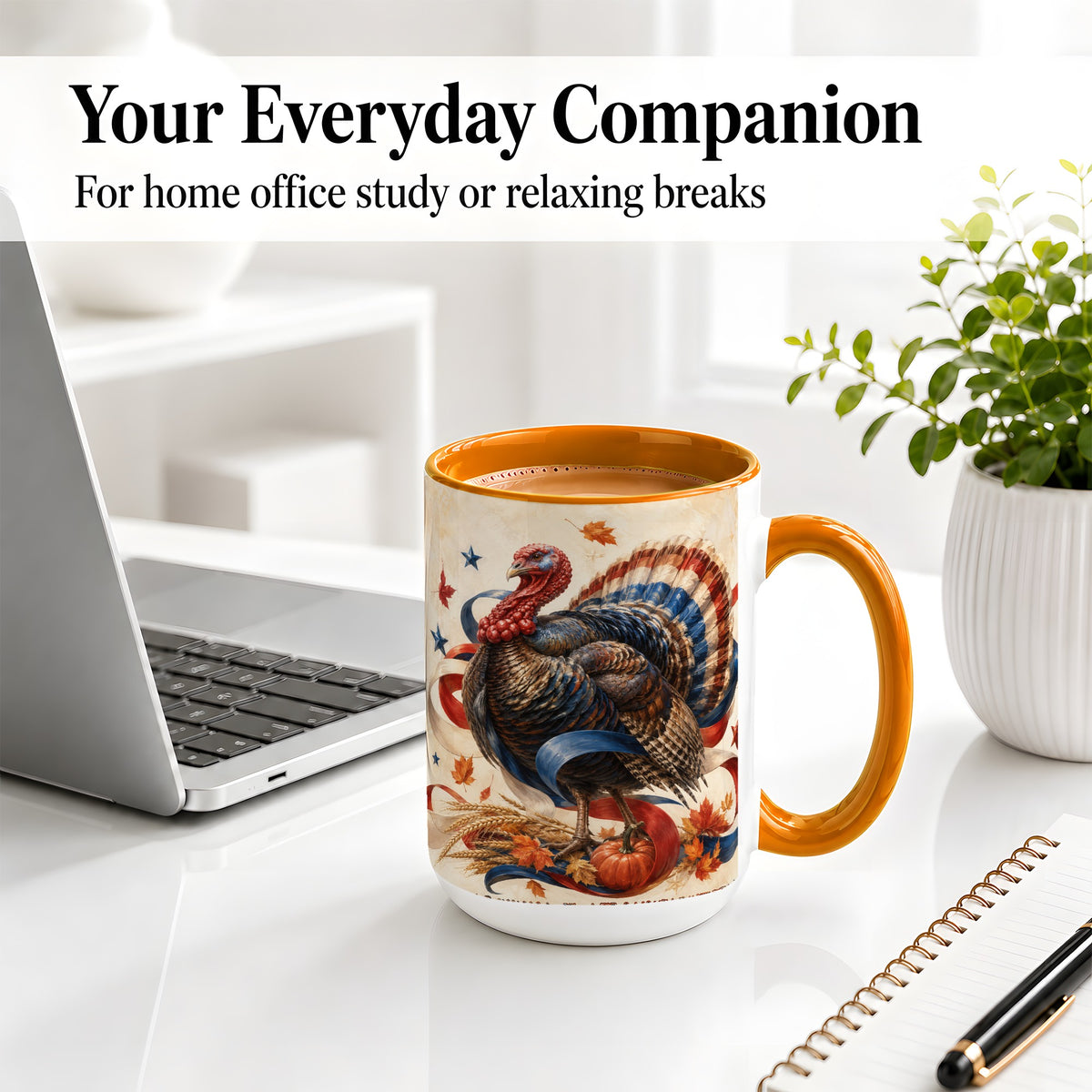 #pl[15oz|Orange] Patriotic Thanksgiving Turkey Accent Mug, Mug with Fall Artwork