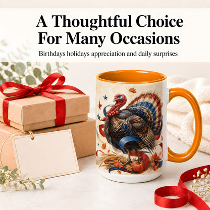 #pl[15oz|Orange] Patriotic Thanksgiving Turkey Accent Mug, Mug with Fall Artwork