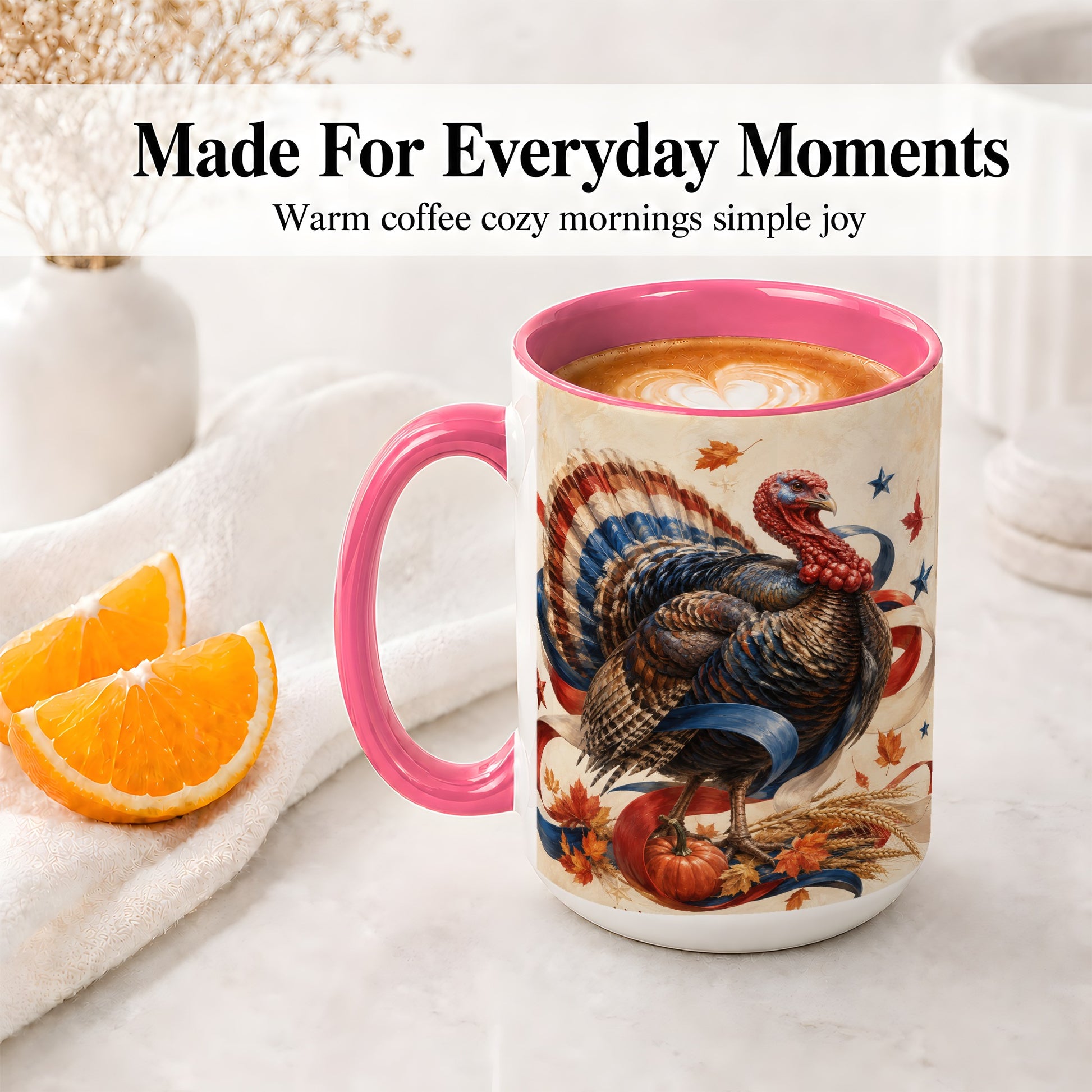 #pl[15oz|Pink] Patriotic Thanksgiving Turkey Accent Mug, Mug with Fall Artwork