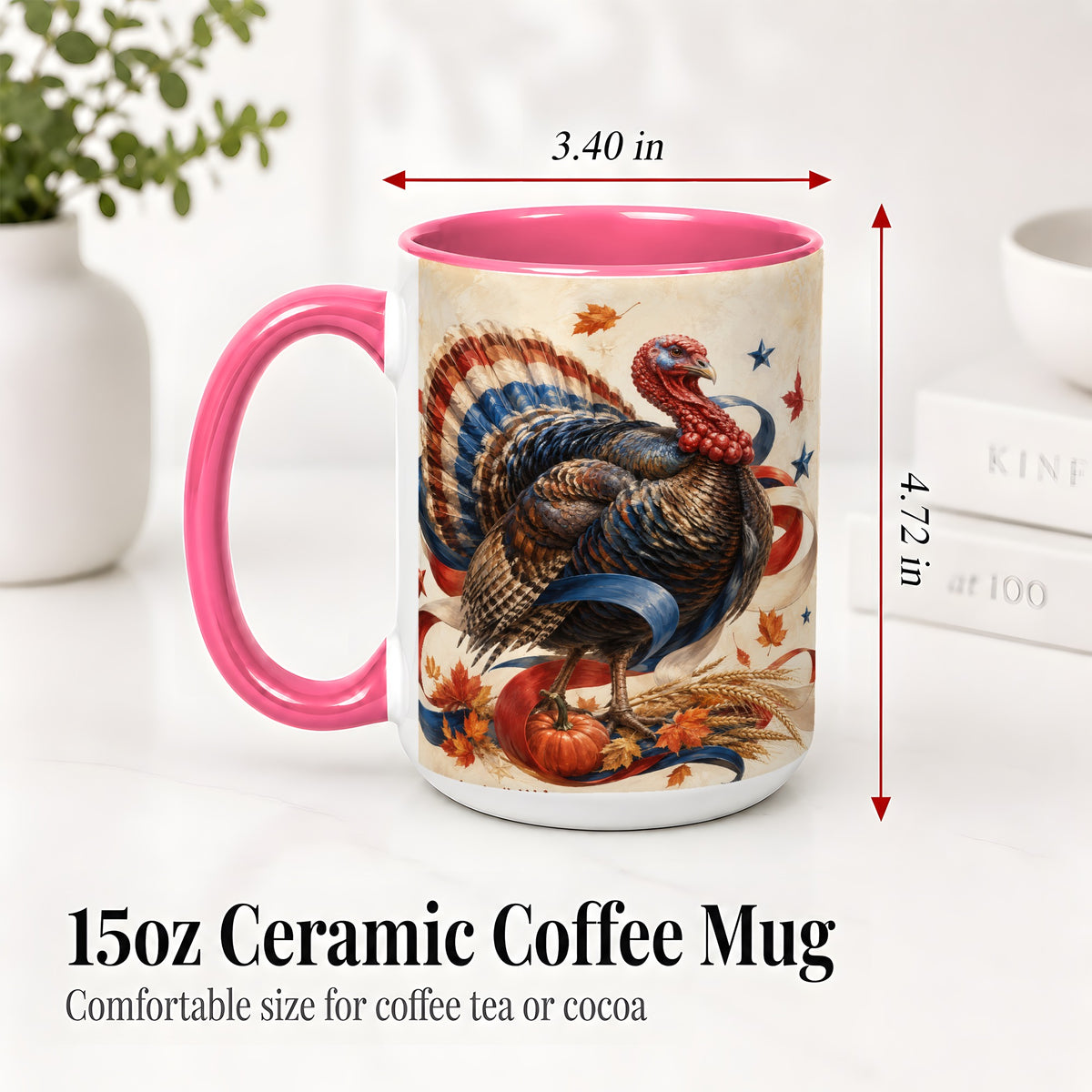 #pl[15oz|Pink] Patriotic Thanksgiving Turkey Accent Mug, Mug with Fall Artwork