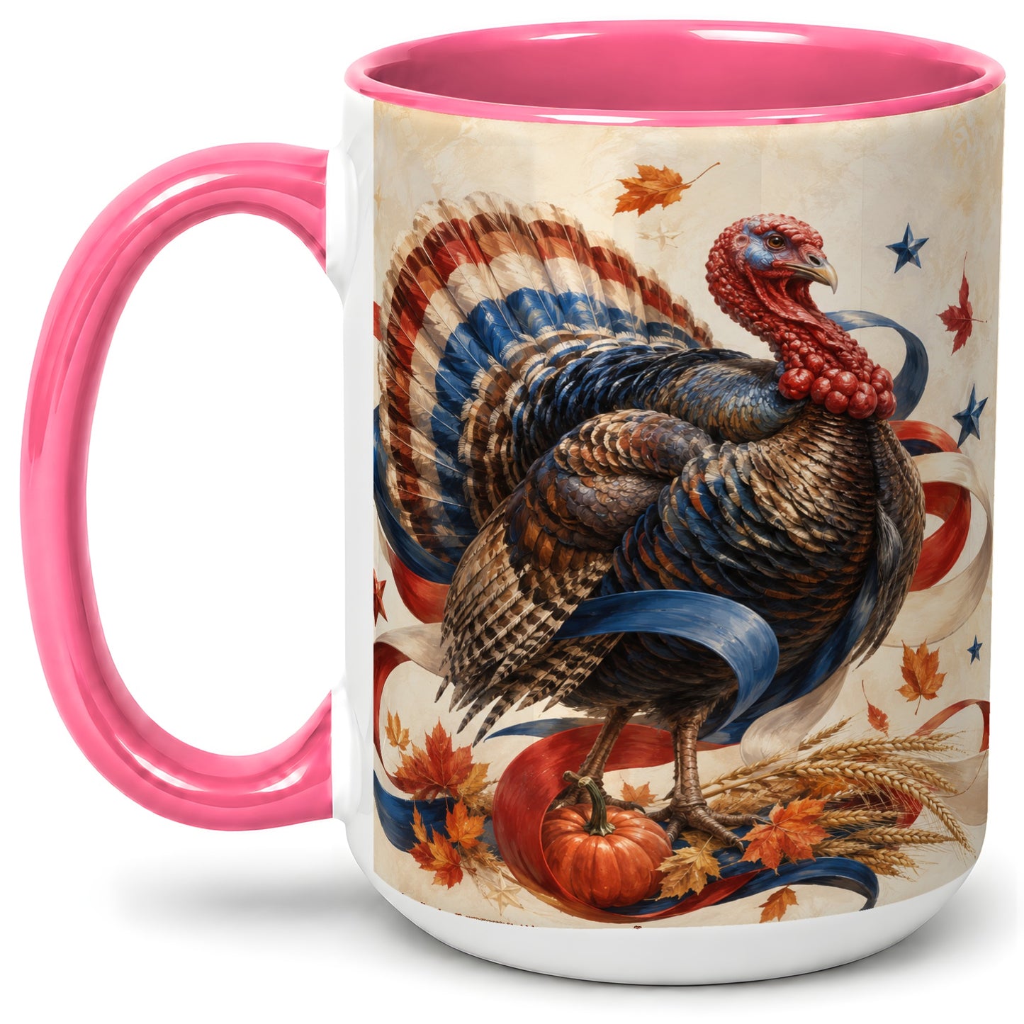 #pl[15oz|Pink] Patriotic Thanksgiving Turkey Accent Mug, Mug with Fall Artwork