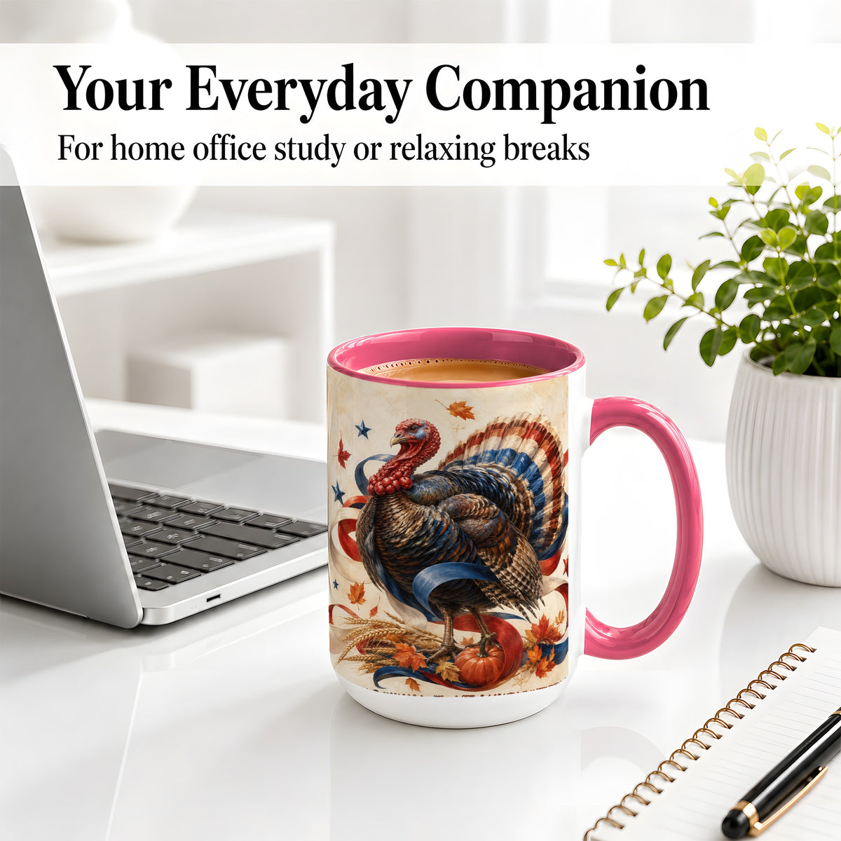 #pl[15oz|Pink] Patriotic Thanksgiving Turkey Accent Mug, Mug with Fall Artwork