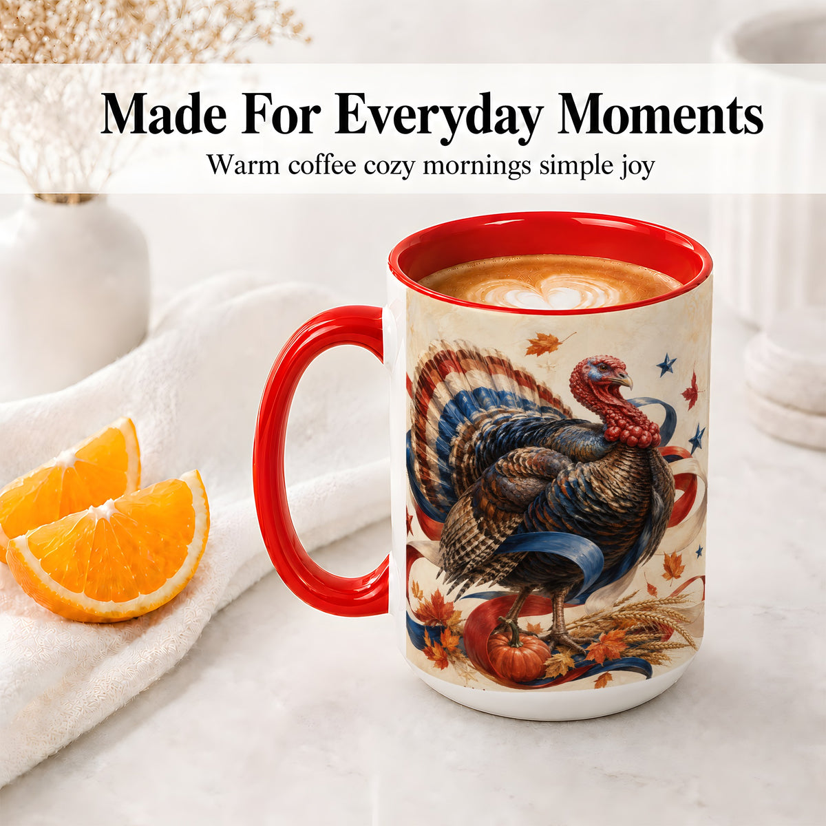 #pl[15oz|Red] Patriotic Thanksgiving Turkey Accent Mug, Mug with Fall Artwork