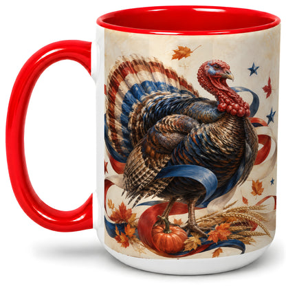 #pl[15oz|Red] Patriotic Thanksgiving Turkey Accent Mug, Mug with Fall Artwork