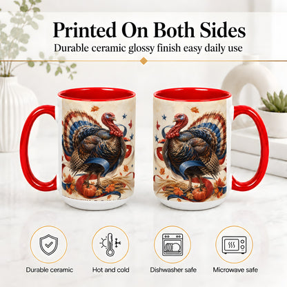 #pl[15oz|Red] Patriotic Thanksgiving Turkey Accent Mug, Mug with Fall Artwork