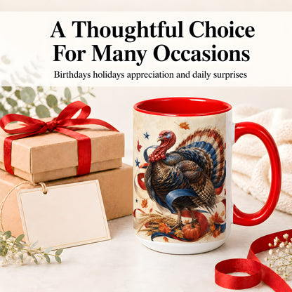 #pl[15oz|Red] Patriotic Thanksgiving Turkey Accent Mug, Mug with Fall Artwork