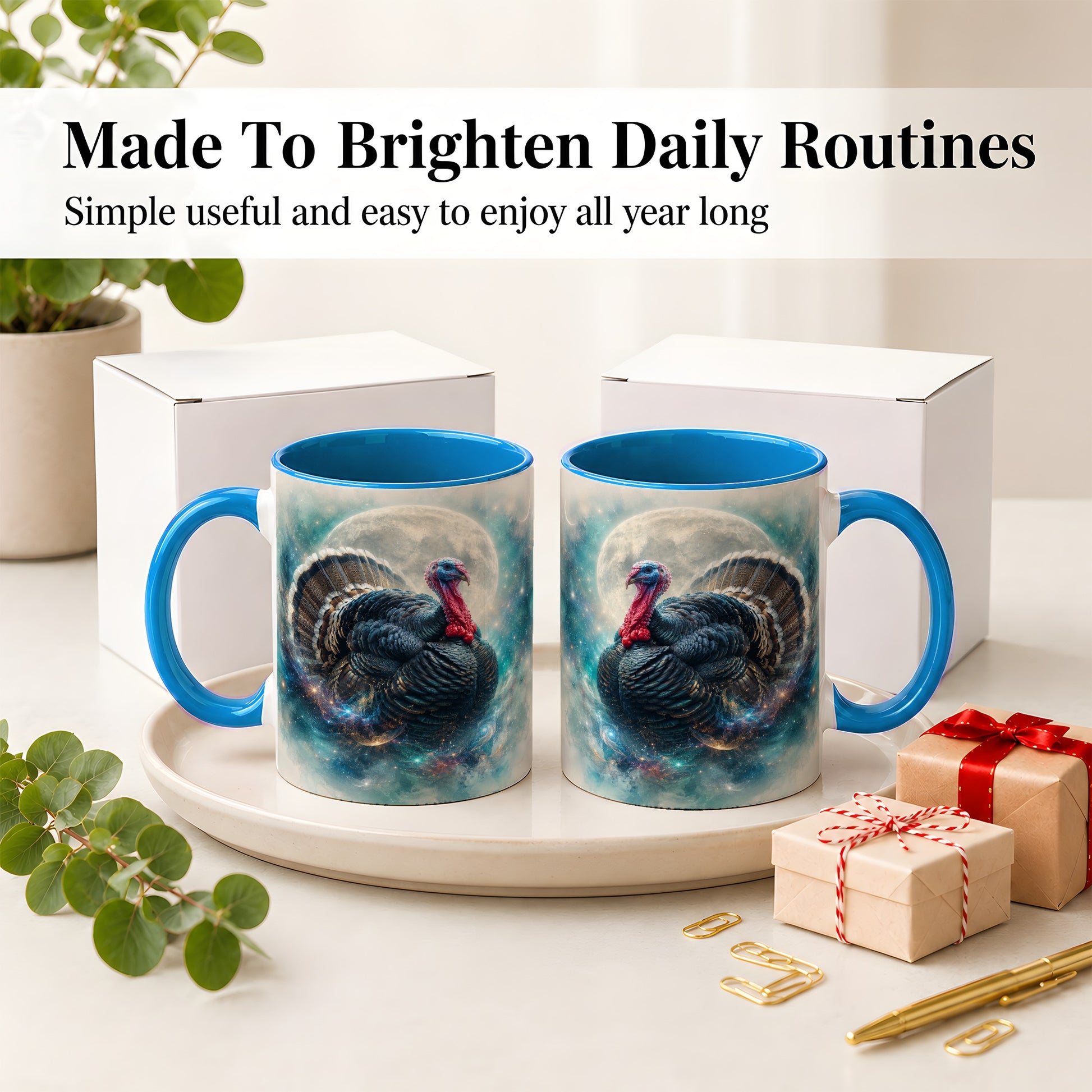 #pl[11oz|Blue] Cosmic Thanksgiving Turkey Accent Mug, Mug with Moon Galaxy Art