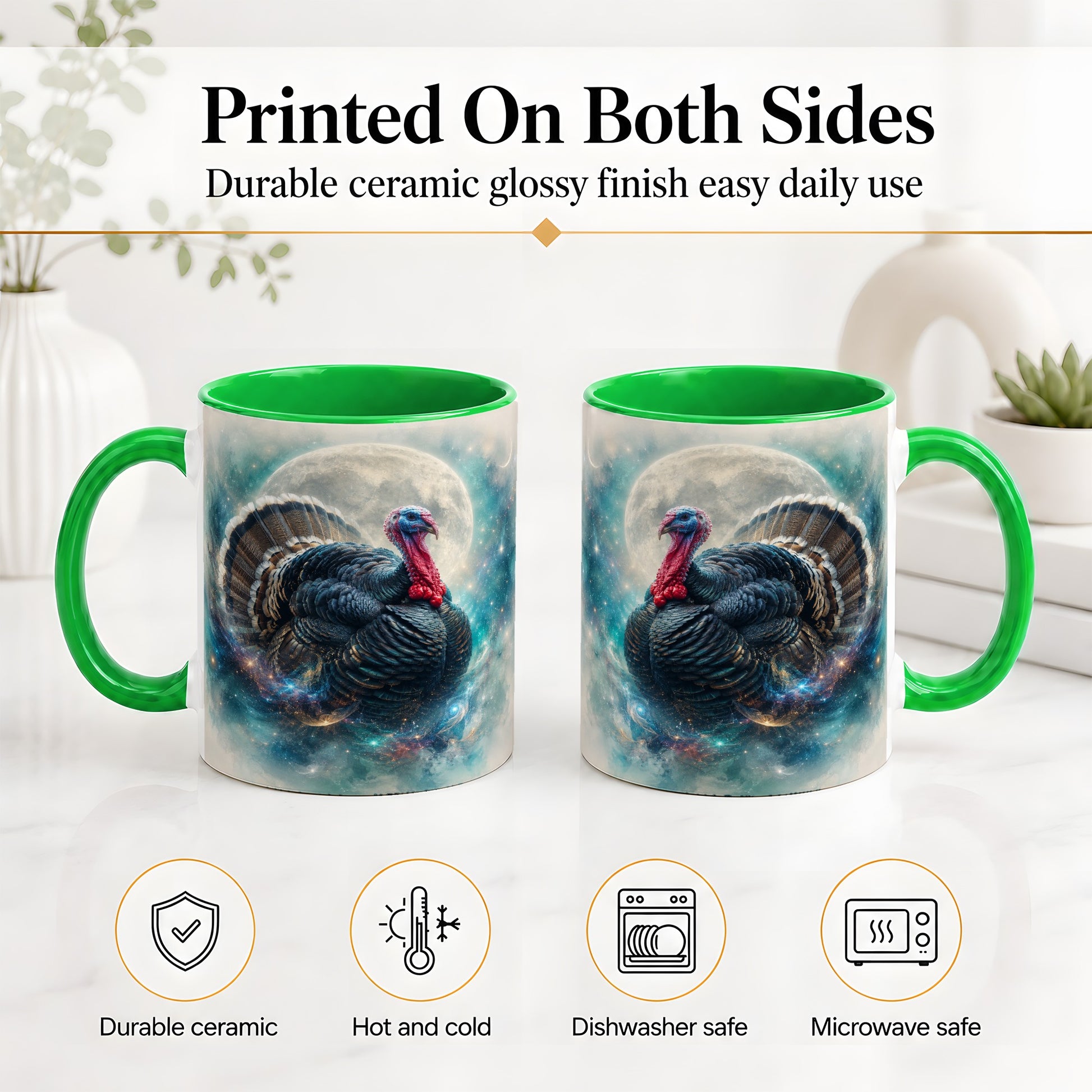 #pl[11oz|Green] Cosmic Thanksgiving Turkey Accent Mug, Mug with Moon Galaxy Art