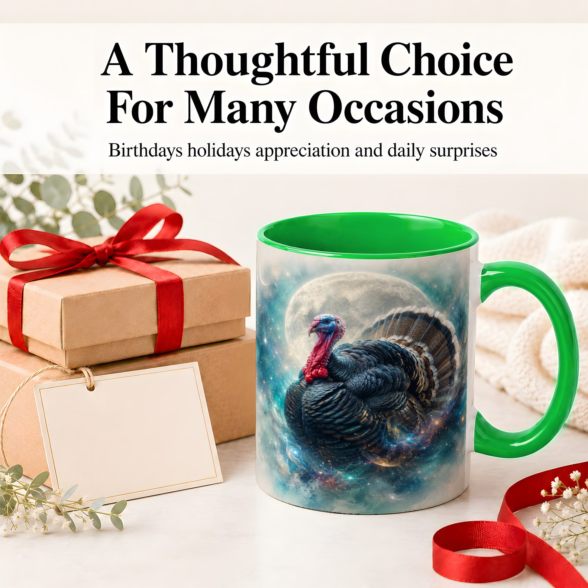 #pl[11oz|Green] Cosmic Thanksgiving Turkey Accent Mug, Mug with Moon Galaxy Art