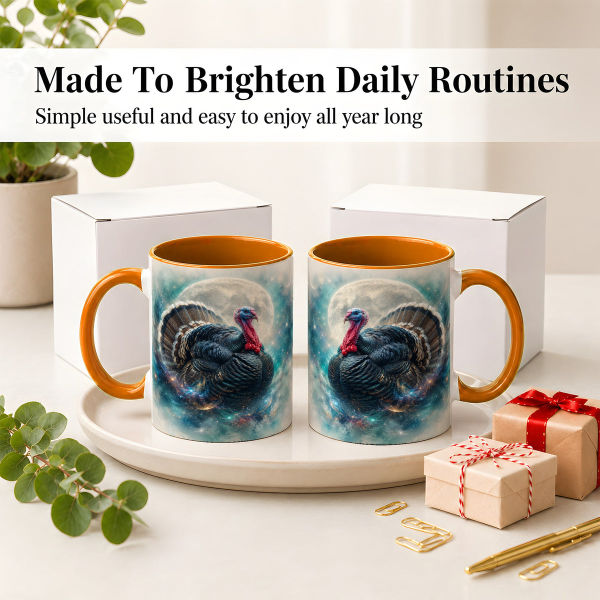 #pl[11oz|Orange] Cosmic Thanksgiving Turkey Accent Mug, Mug with Moon Galaxy Art