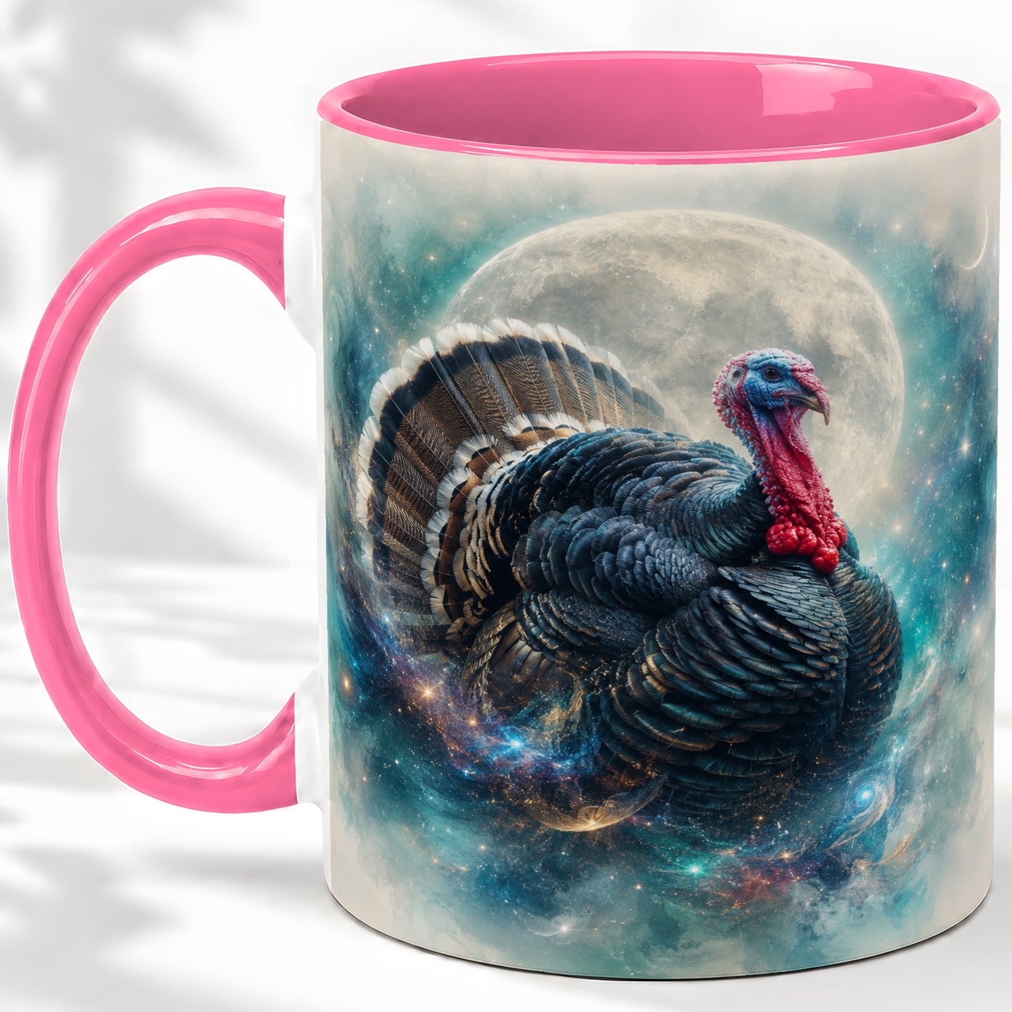 #pl[11oz|Pink] Cosmic Thanksgiving Turkey Accent Mug, Mug with Moon Galaxy Art