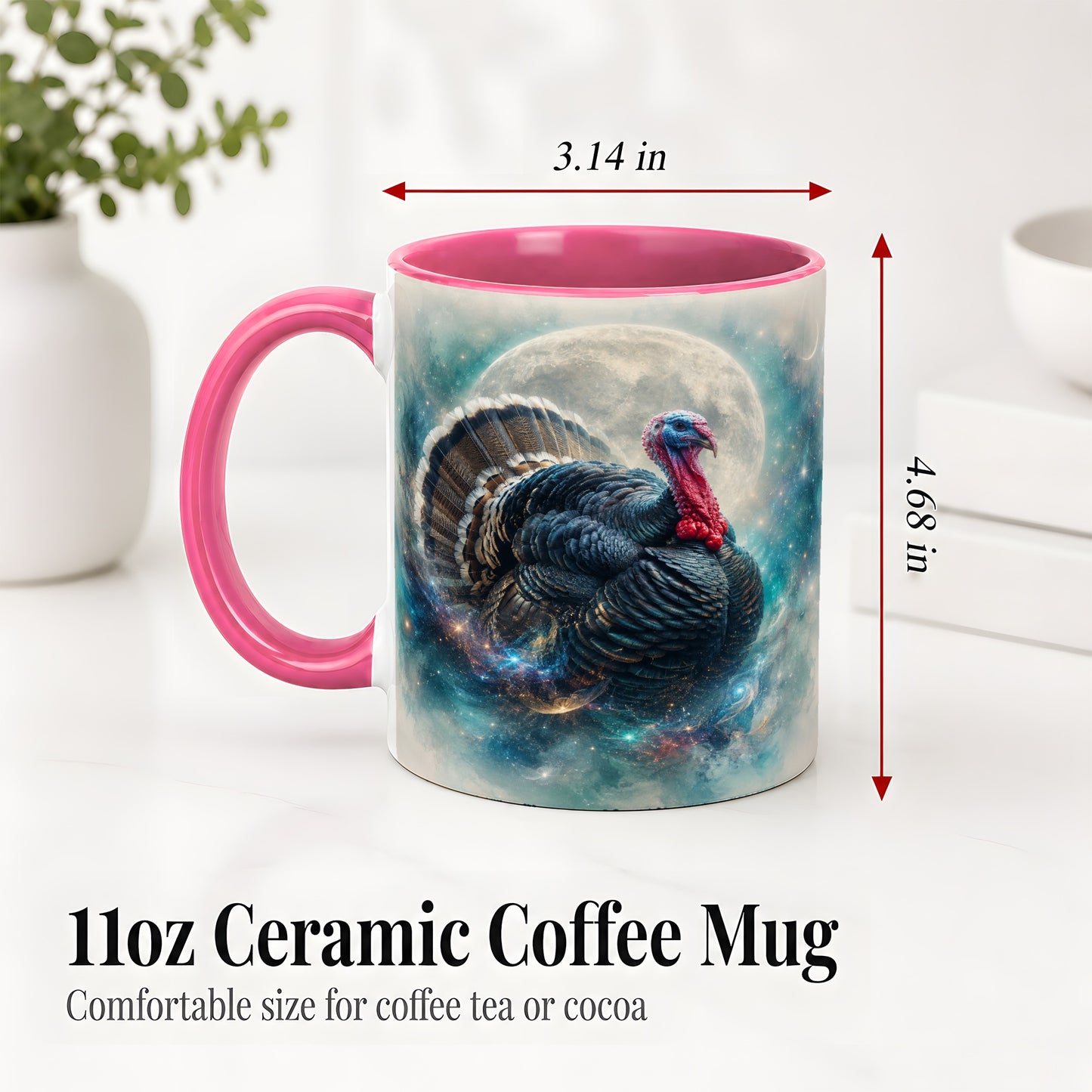 #pl[11oz|Pink] Cosmic Thanksgiving Turkey Accent Mug, Mug with Moon Galaxy Art