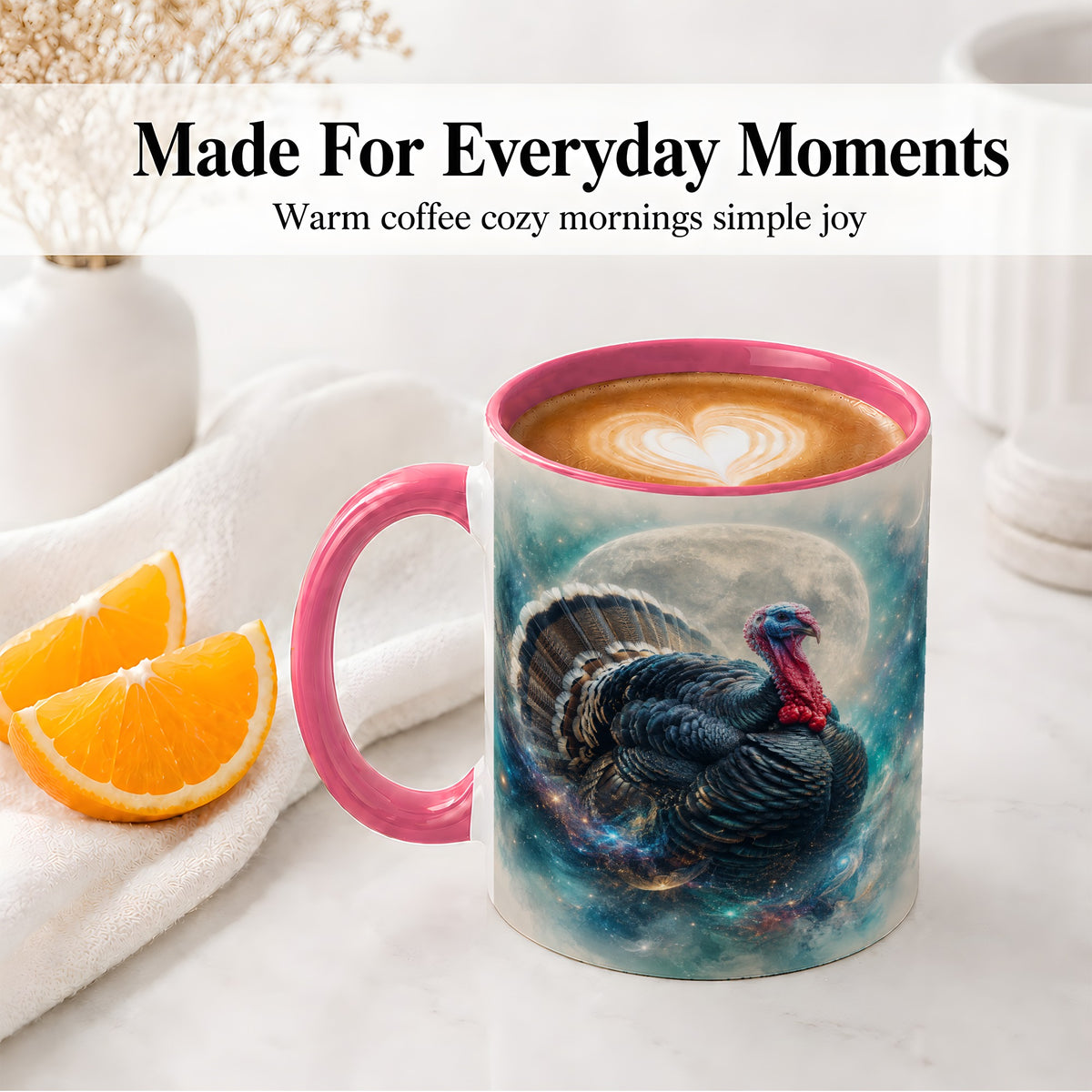 #pl[11oz|Pink] Cosmic Thanksgiving Turkey Accent Mug, Mug with Moon Galaxy Art
