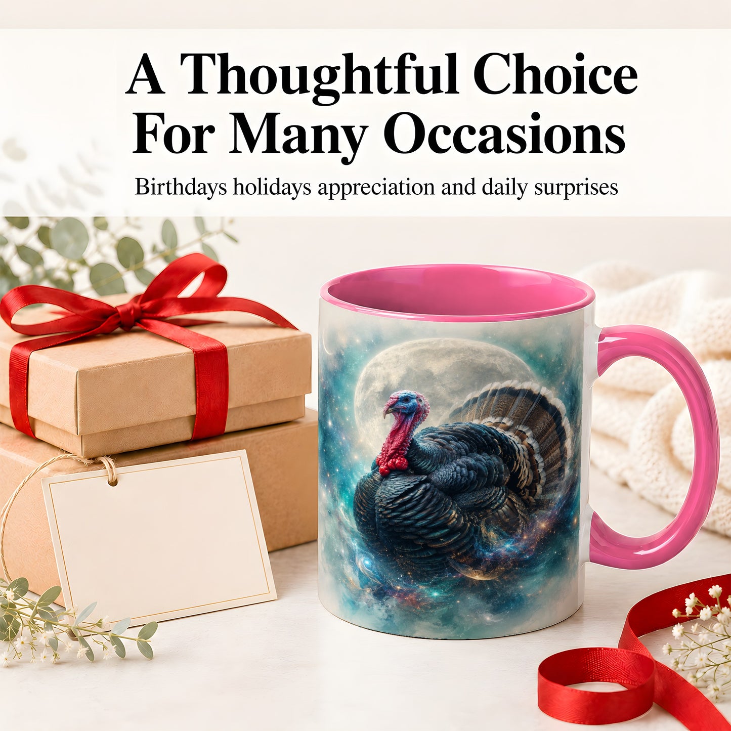 #pl[11oz|Pink] Cosmic Thanksgiving Turkey Accent Mug, Mug with Moon Galaxy Art