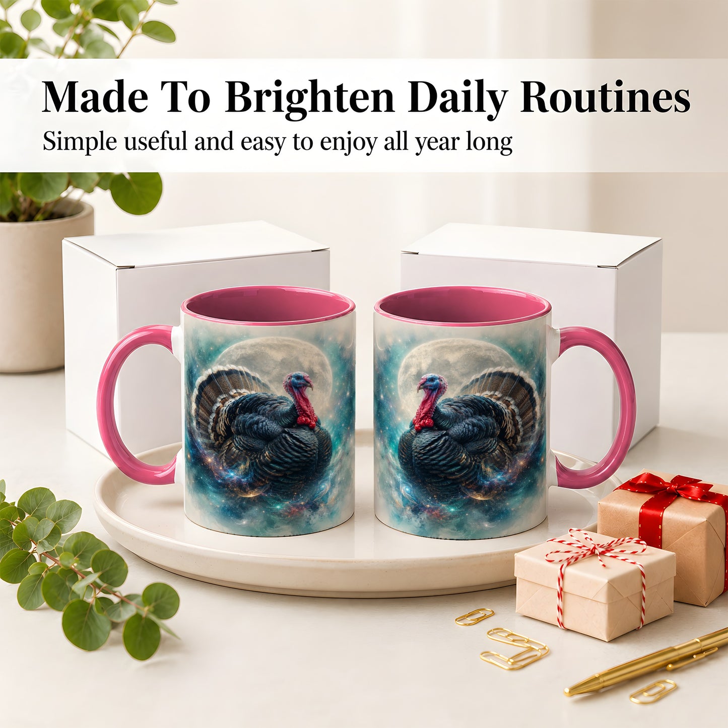 #pl[11oz|Pink] Cosmic Thanksgiving Turkey Accent Mug, Mug with Moon Galaxy Art