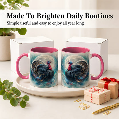 #pl[11oz|Pink] Cosmic Thanksgiving Turkey Accent Mug, Mug with Moon Galaxy Art