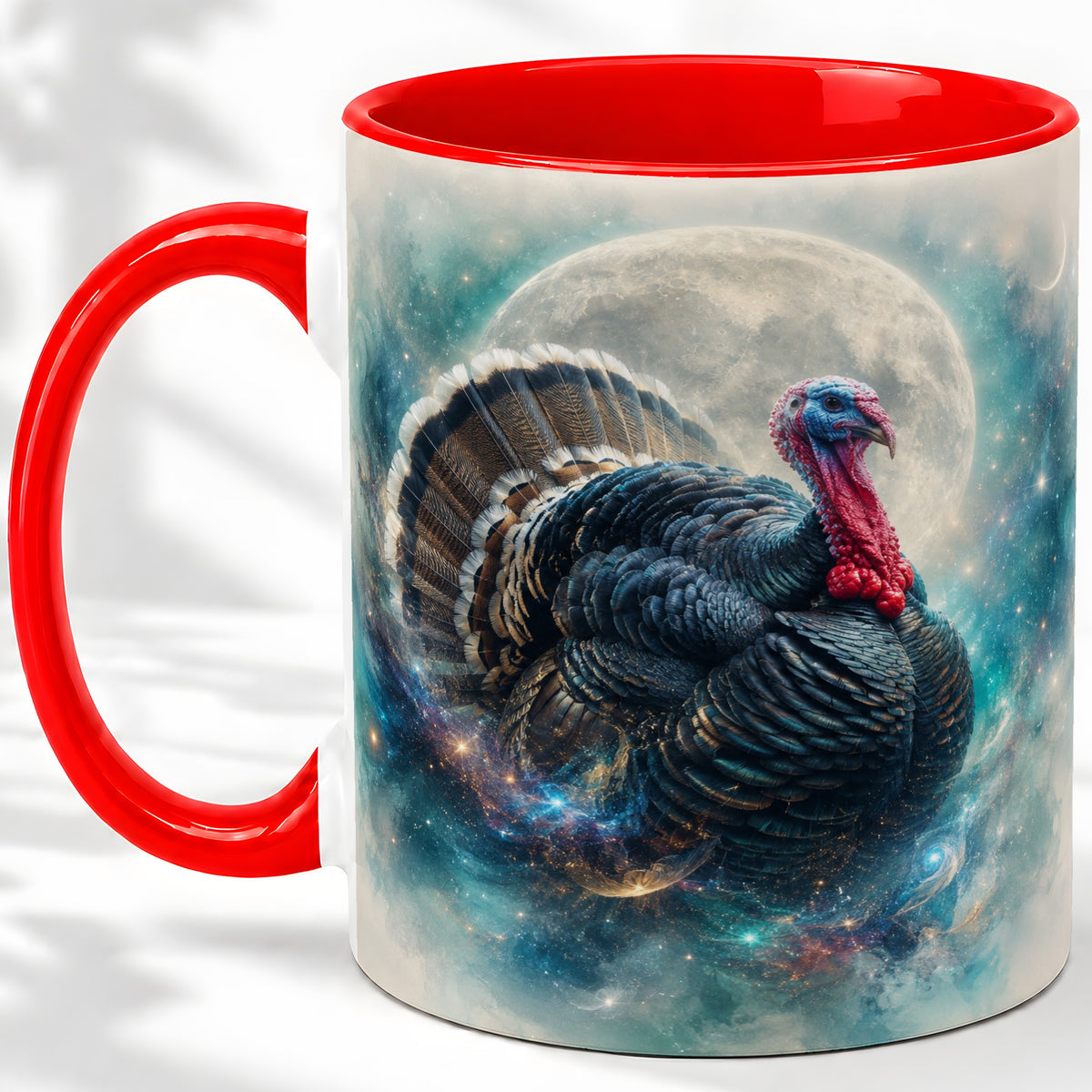 Cosmic Thanksgiving Turkey Accent Mug, Mug with Moon Galaxy Art