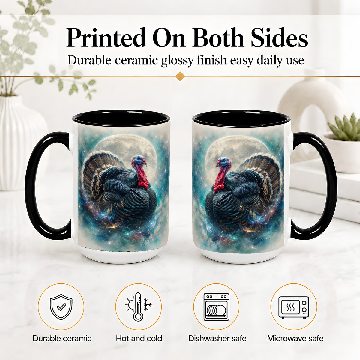 #pl[15oz|Black] Cosmic Thanksgiving Turkey Accent Mug, Mug with Moon Galaxy Art
