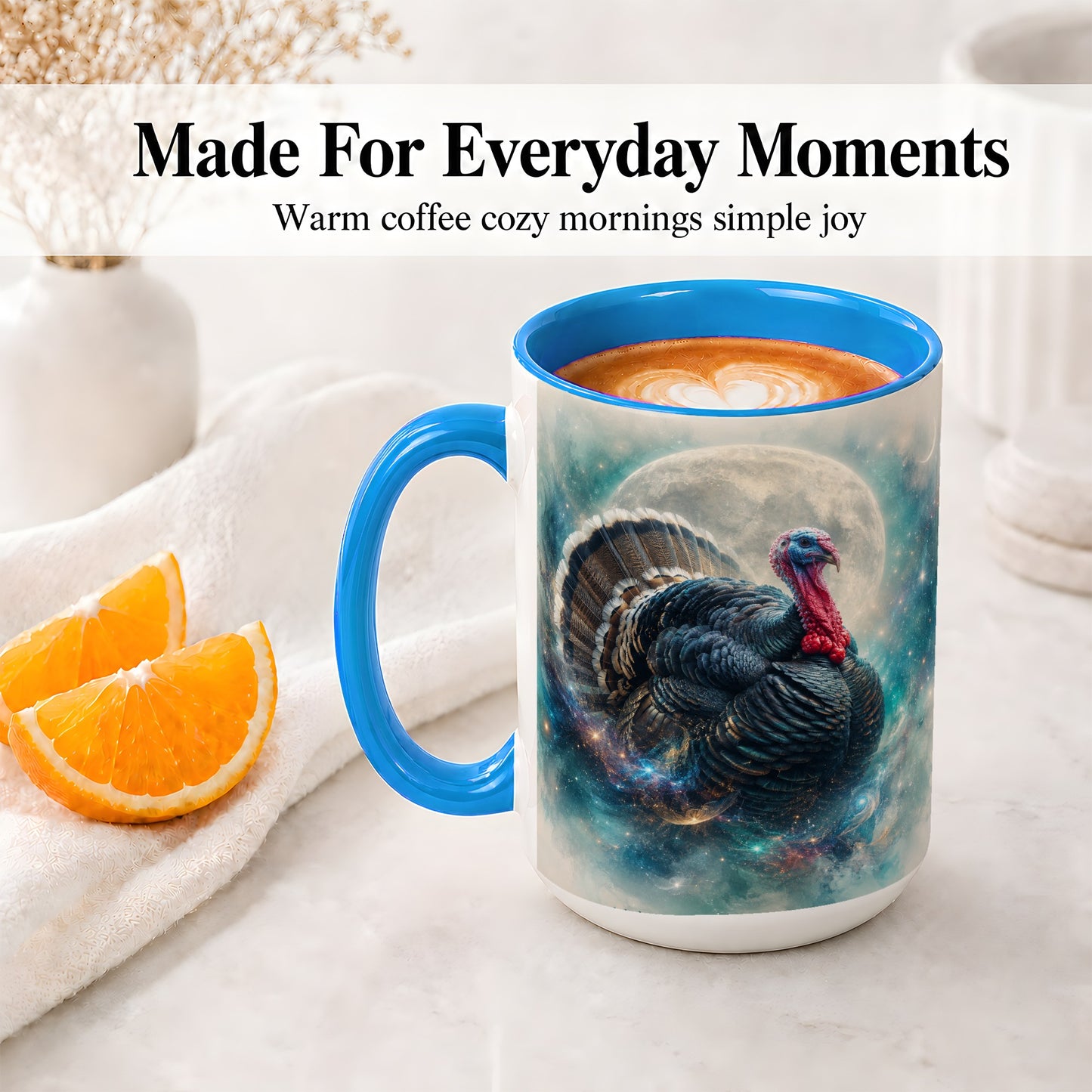 #pl[15oz|Blue] Cosmic Thanksgiving Turkey Accent Mug, Mug with Moon Galaxy Art