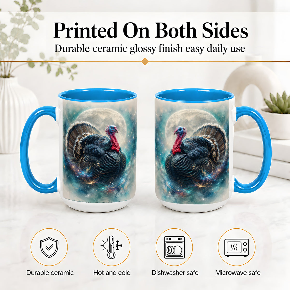 #pl[15oz|Blue] Cosmic Thanksgiving Turkey Accent Mug, Mug with Moon Galaxy Art
