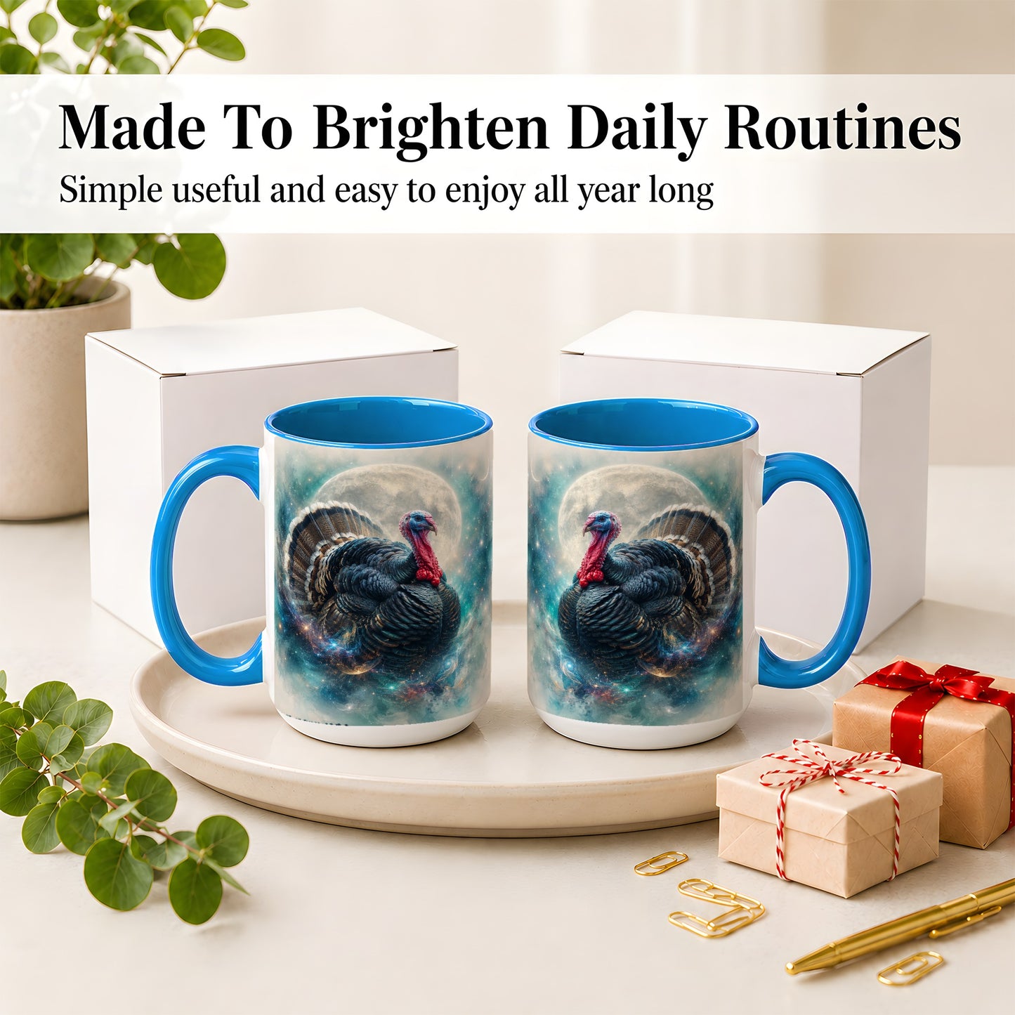 #pl[15oz|Blue] Cosmic Thanksgiving Turkey Accent Mug, Mug with Moon Galaxy Art