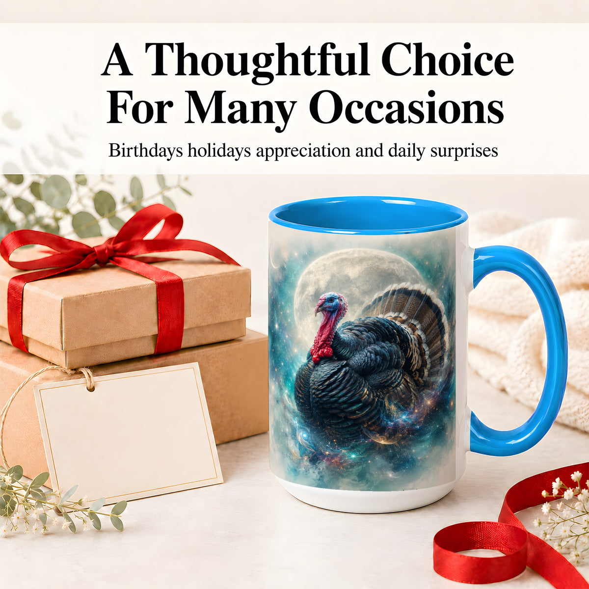 #pl[15oz|Blue] Cosmic Thanksgiving Turkey Accent Mug, Mug with Moon Galaxy Art