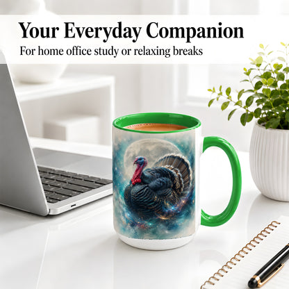 #pl[15oz|Green] Cosmic Thanksgiving Turkey Accent Mug, Mug with Moon Galaxy Art